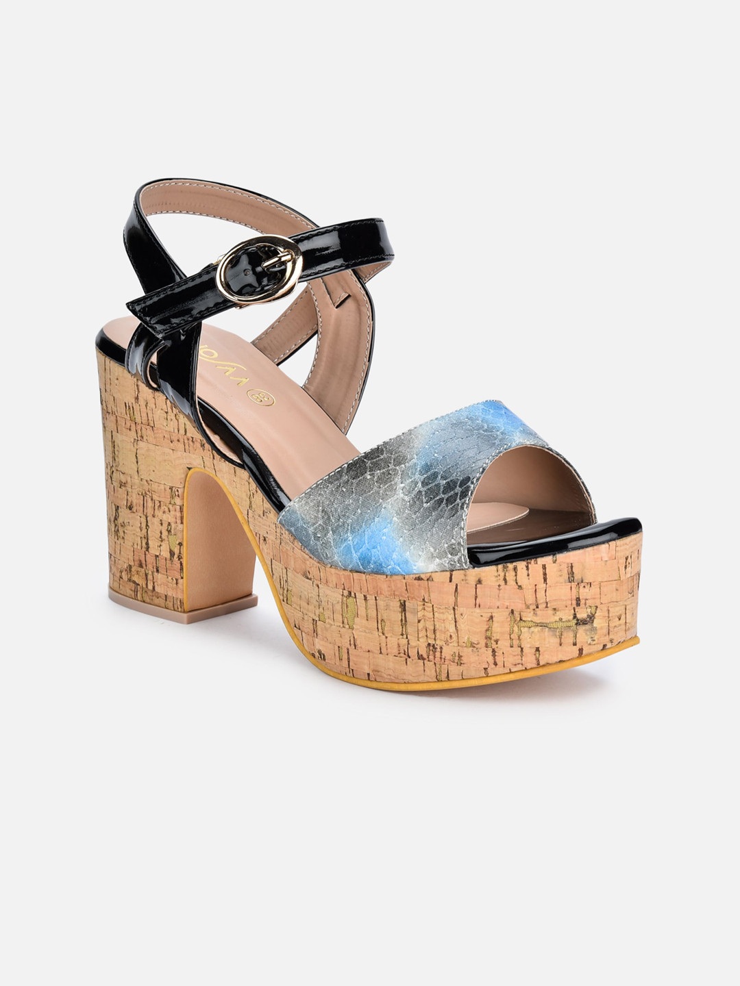 VALIOSAA Black Printed Platform Sandals with Buckles