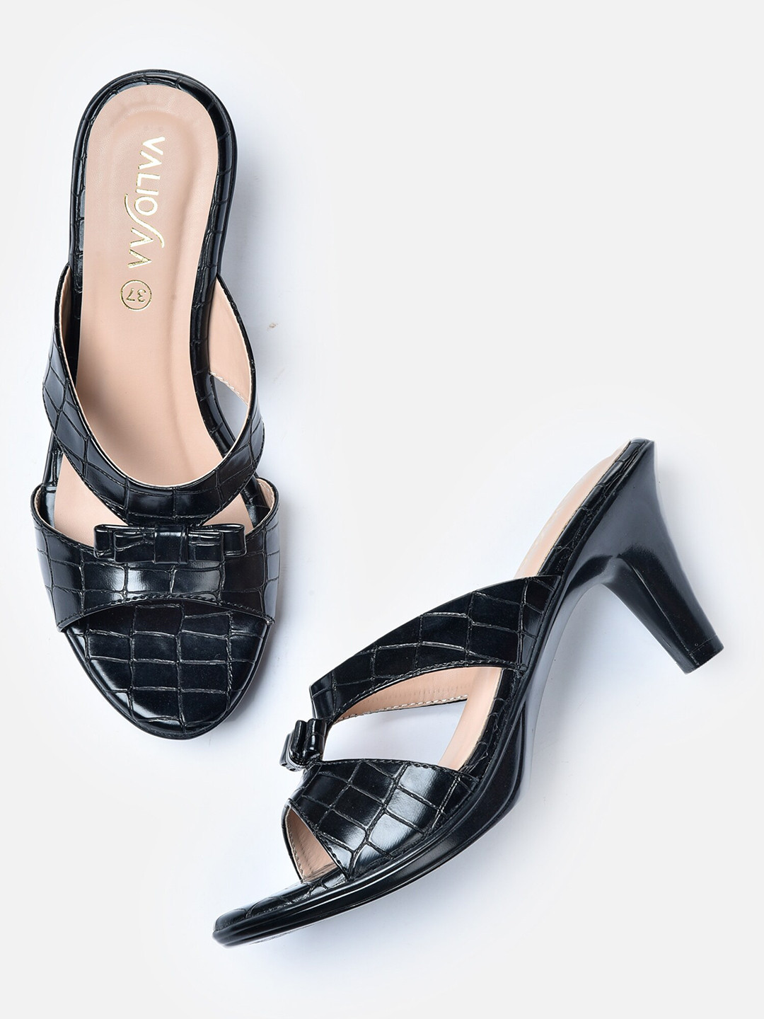 VALIOSAA Black Textured Kitten Sandals with Bows