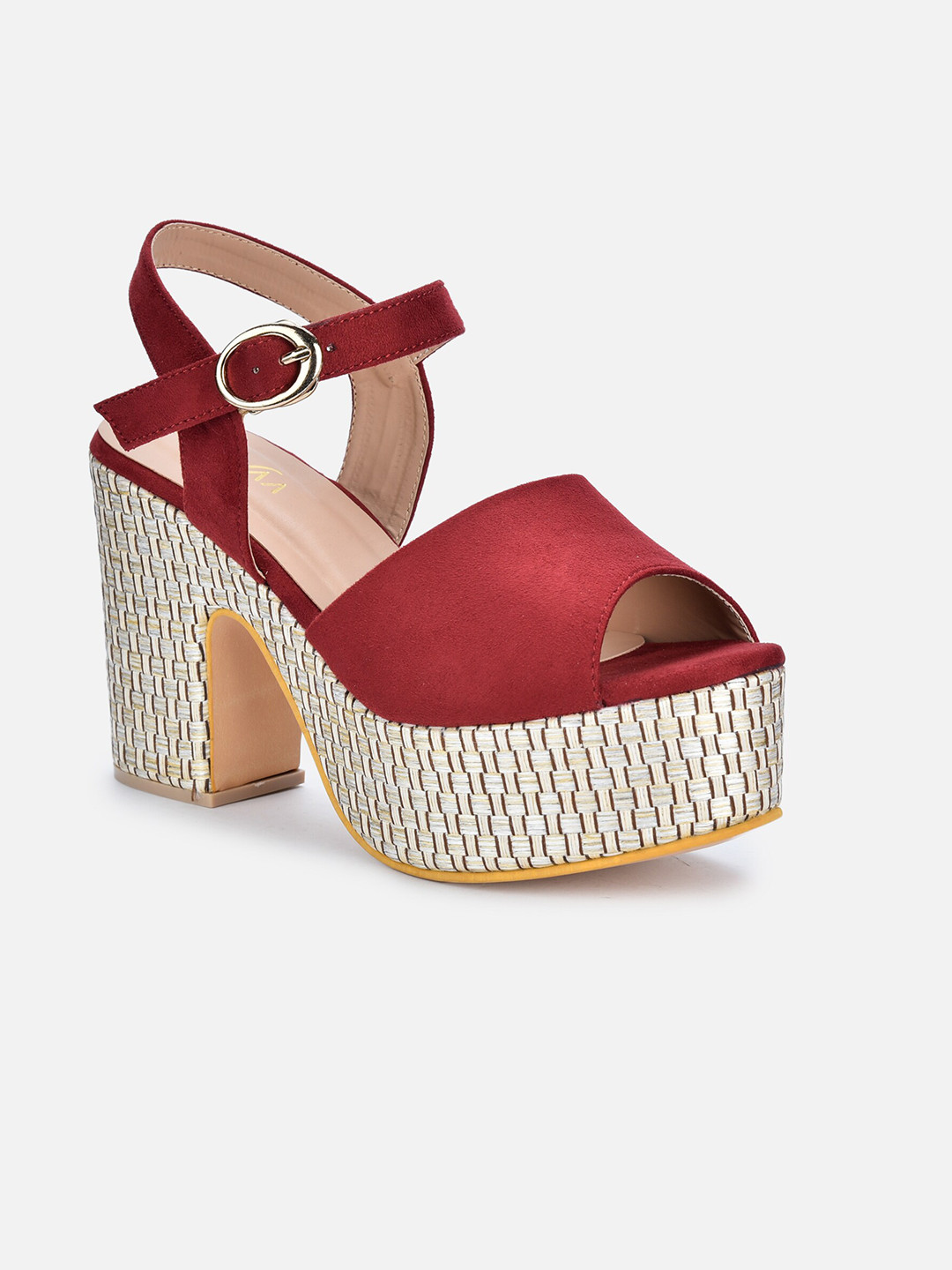 VALIOSAA Maroon Suede Block Sandals with Buckles