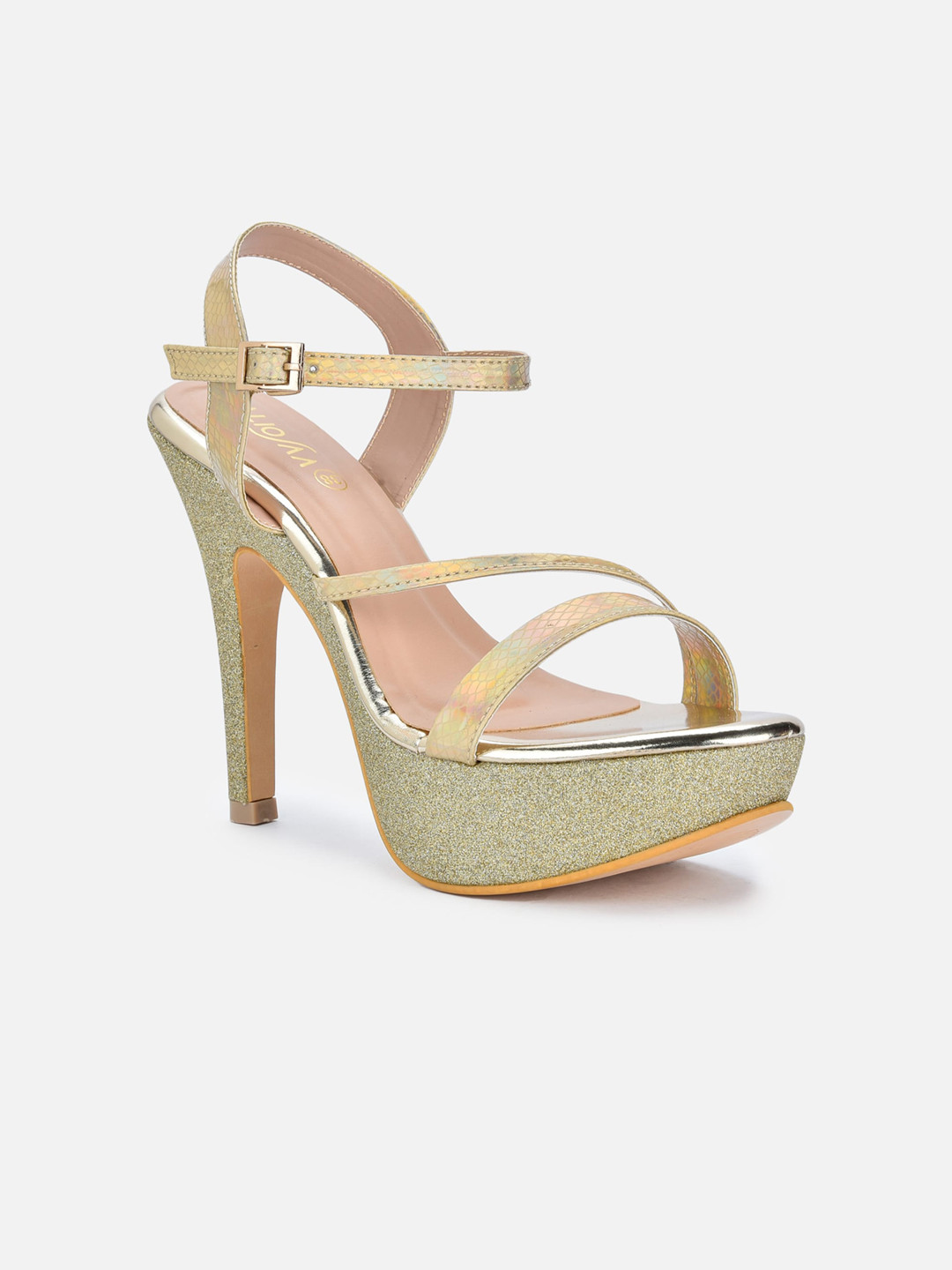 VALIOSAA Gold-Toned Embellished Party Platform Sandals with Buckles