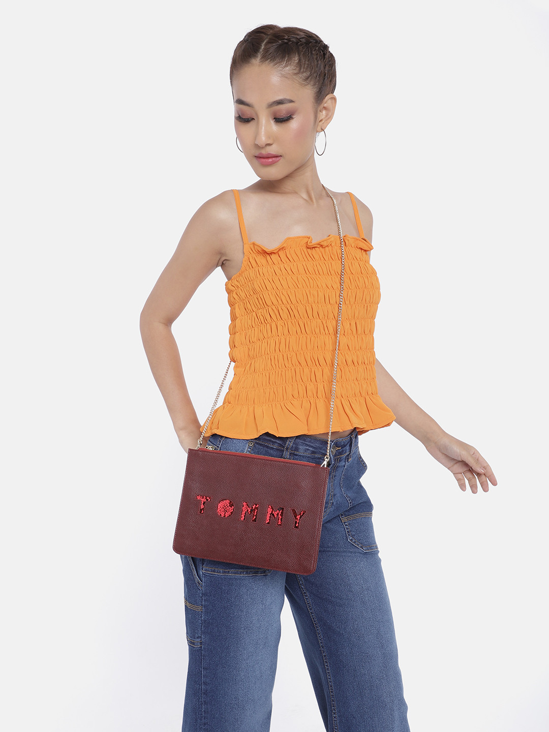 Tommy Hilfiger Burgundy Brand Logo Embellished Leather Regular Structured Sling Bag