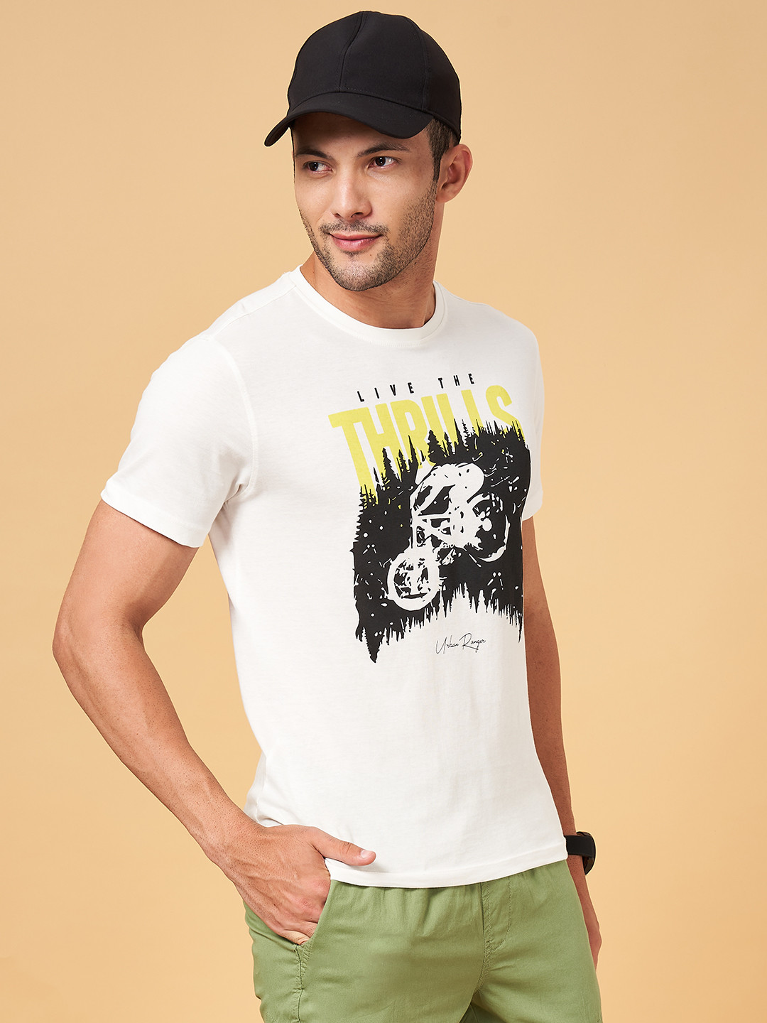 Urban Ranger by pantaloons Men Off White Typography Printed V-Neck Applique Slim Fit T-shirt