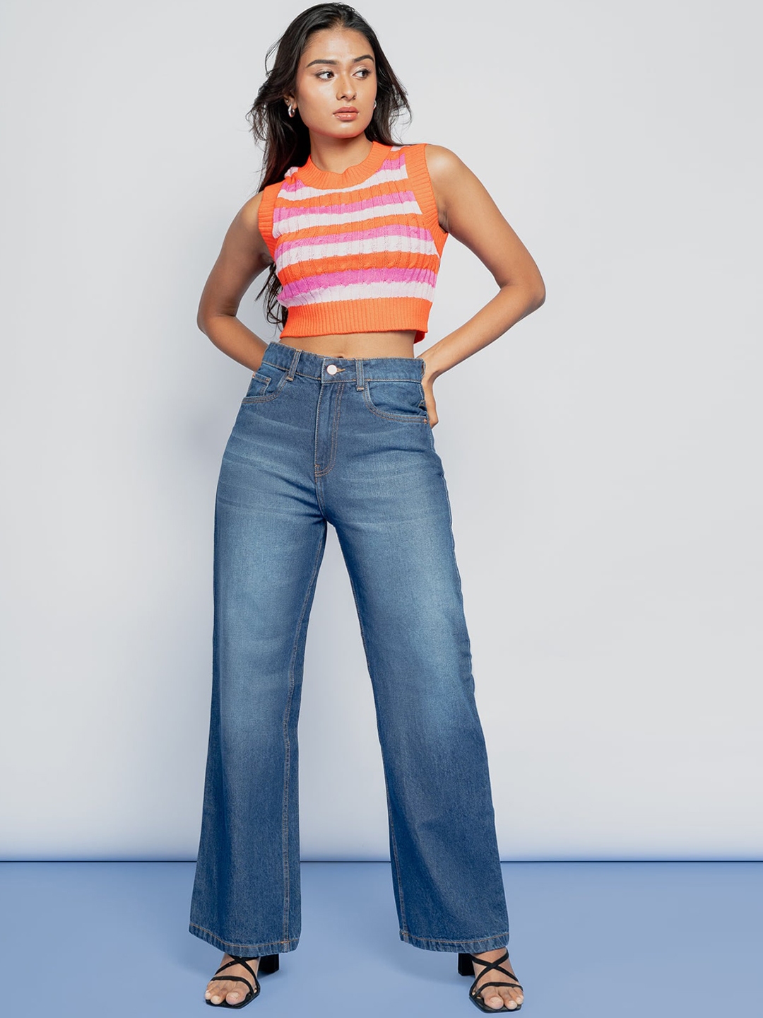 FREAKINS Women Stylish Blue High Rise Wide Leg Fit Cropped Jeans - Jeans for Women 18507632 | Myntra