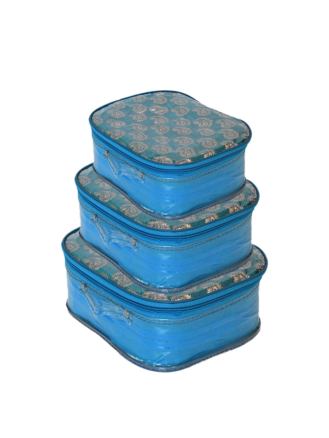 Kuber Industries Set of 3 Blue Printed Laminated PVC Organizer Bag With Transparent Top