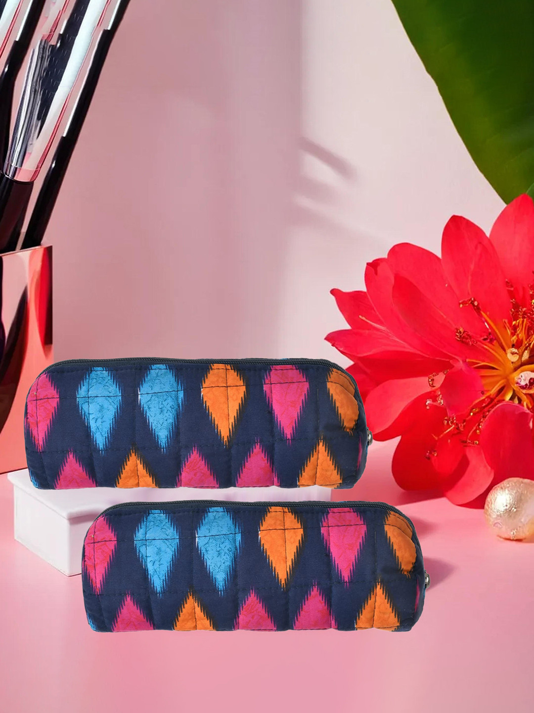 Kuber Industries Set Of 2 Blue & Pink Printed Cotton Bangle Organizers