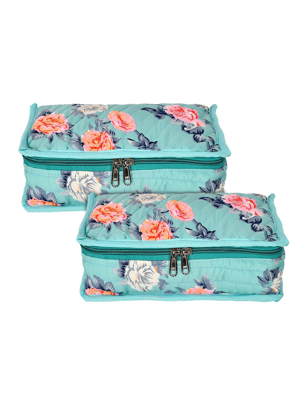 Kuber Industries Set Of 2 Sea-Green & Pink Printed Cotton Jewellery Organisers