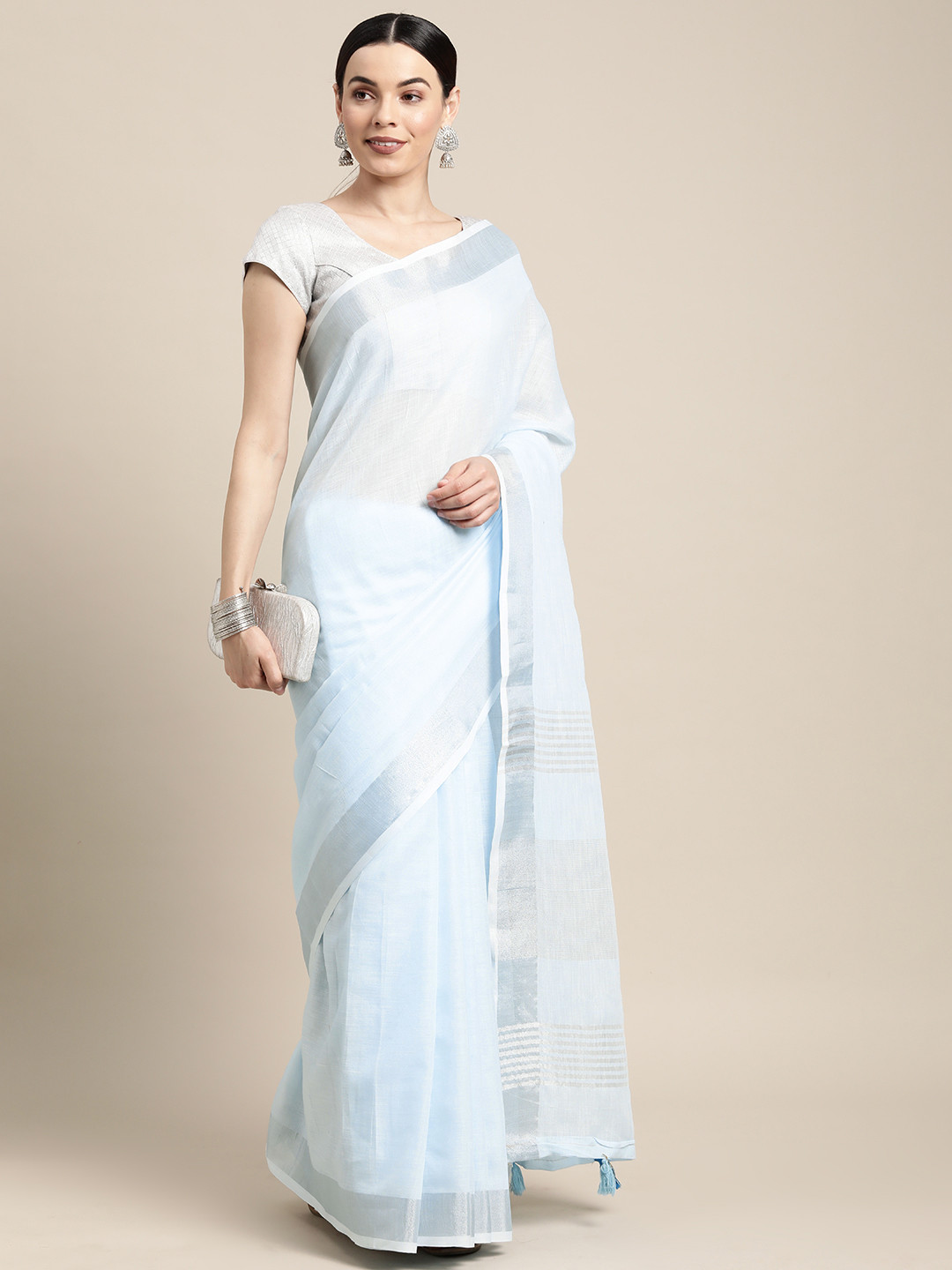 SANGAM PRINTS Blue & Silver-Coloured Linen Blend Saree