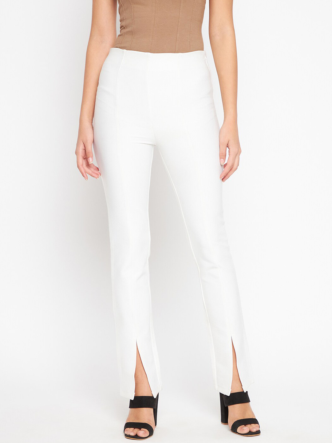 JUNE & HARRY Women Beige Smart Slim Fit High-Rise Trousers