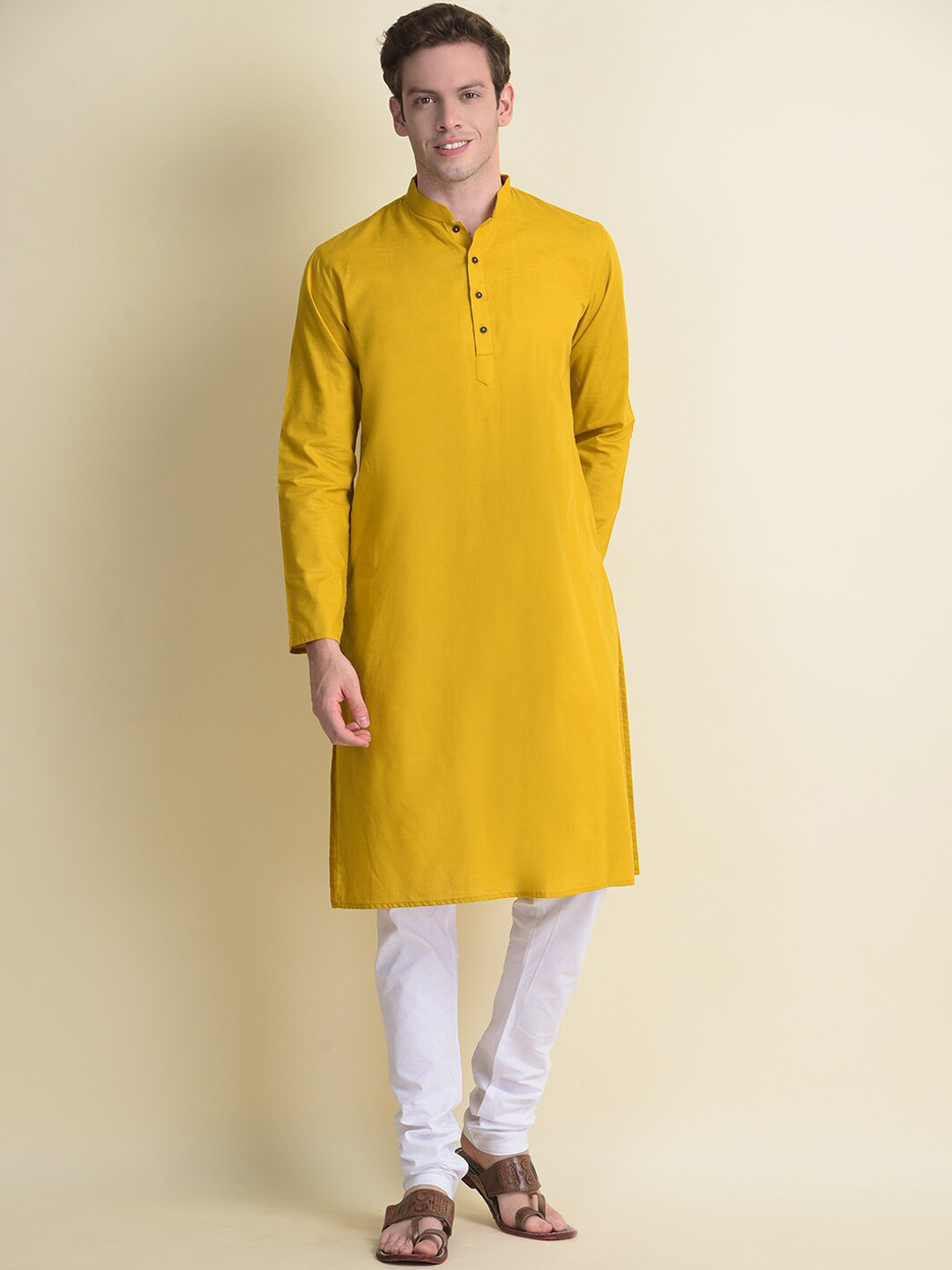 NAMASKAR Men Gold-Toned Solid Pure Kurta with Pyjamas