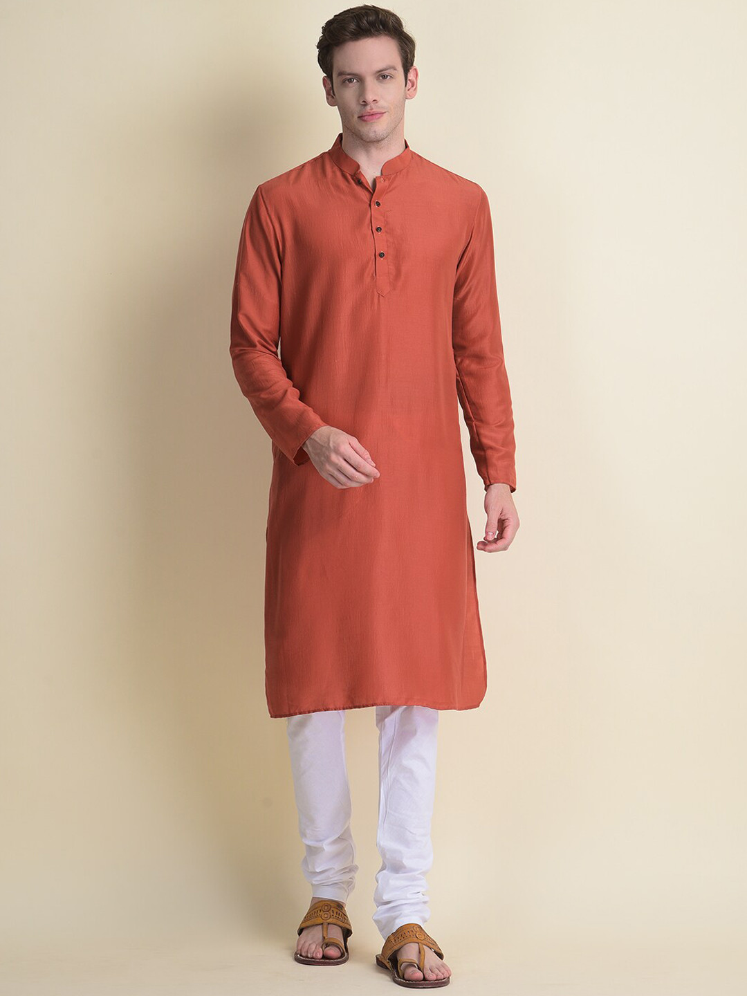 NAMASKAR Men Red Solid Reyon Kurta with Churidar