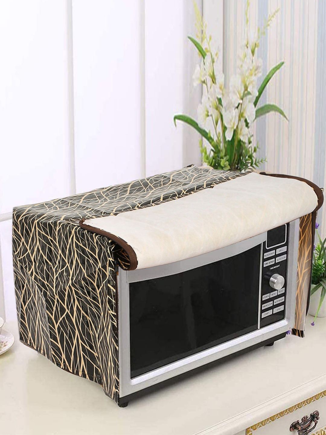 Kuber Industries Brown PVC Leaf Printed Microwave Oven Cover 25 Ltr