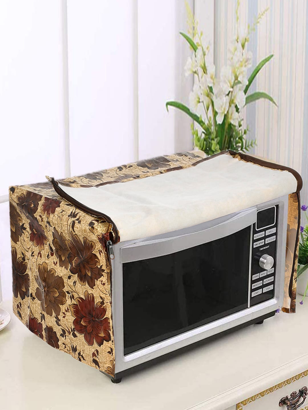 Kuber Industries Brown Floral Printed Microwave Oven Cover - 30 L