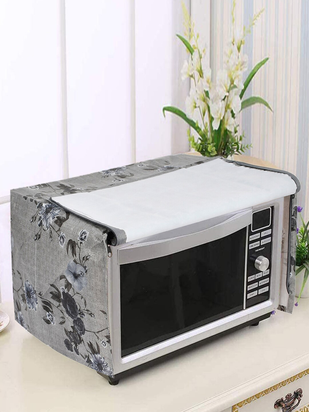 Kuber Industries Grey PVC Floral Printed Microwave Oven Cover 25 Ltr
