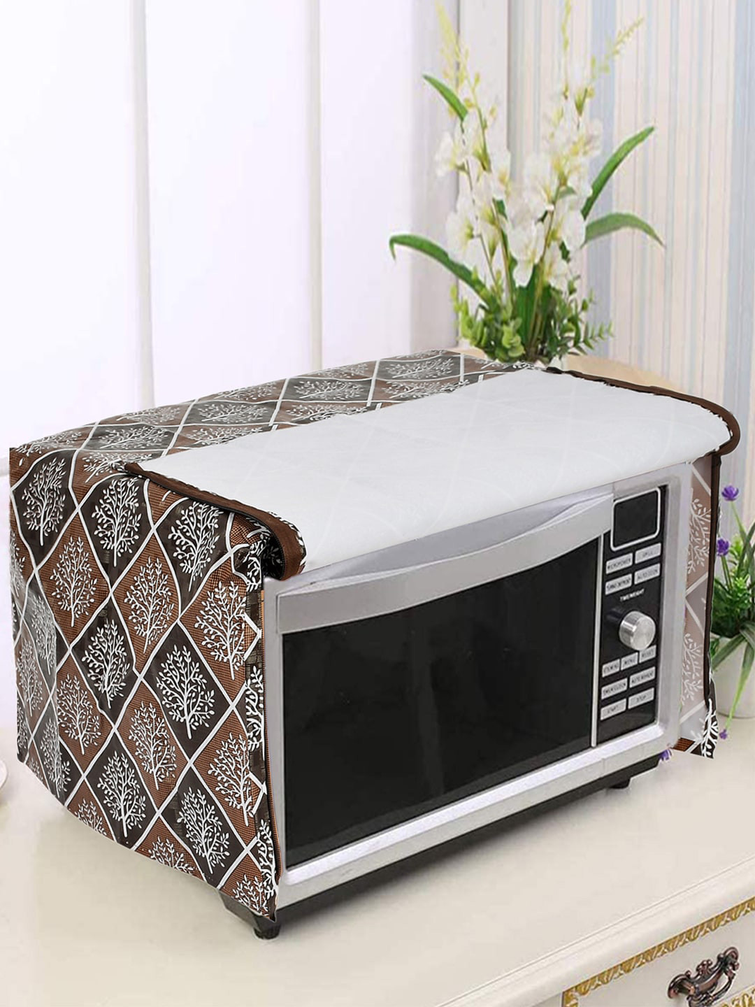Kuber Industries Coffee Brown PVC Tree Printed Microwave Oven Cover 25 Ltr