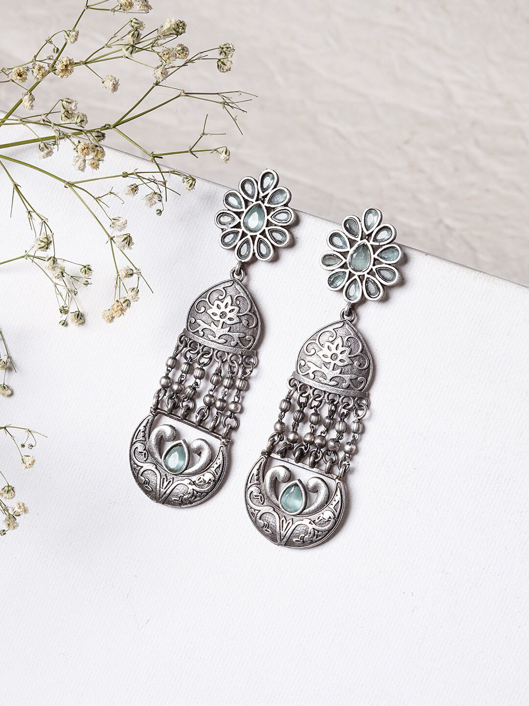 TEEJH Oxidised Bina Silver-Plated Stone-Studded Drop Earrings