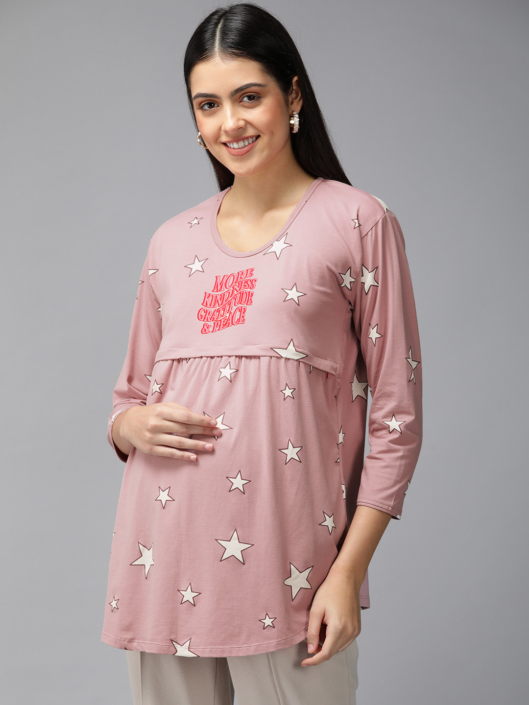 Zeyo Dusty Rose Pink & Off White Star Print Maternity & Feeding Pure Cotton Top