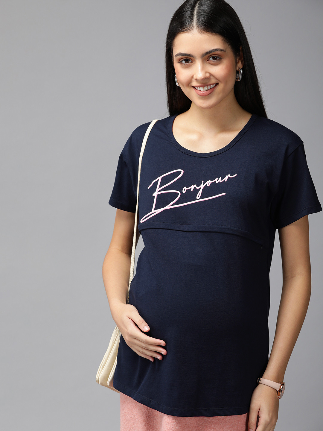 Zeyo Navy Blue Solid Maternity & Feeding Pure Cotton Top