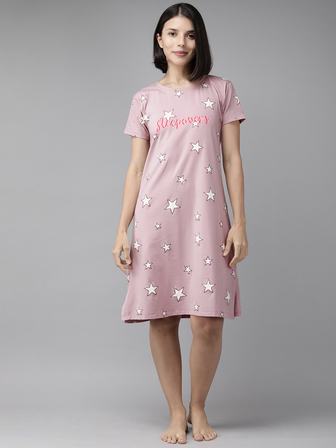 Zeyo Pink & White Printed Cotton Nightdress