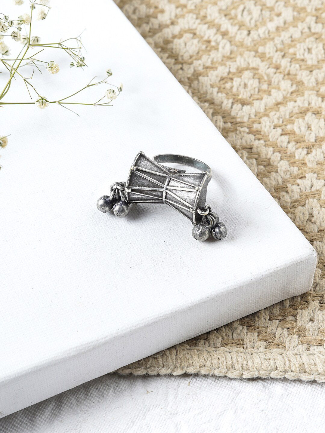 TEEJH Oxidised Silver-Plated Ghunghroo Finger Ring