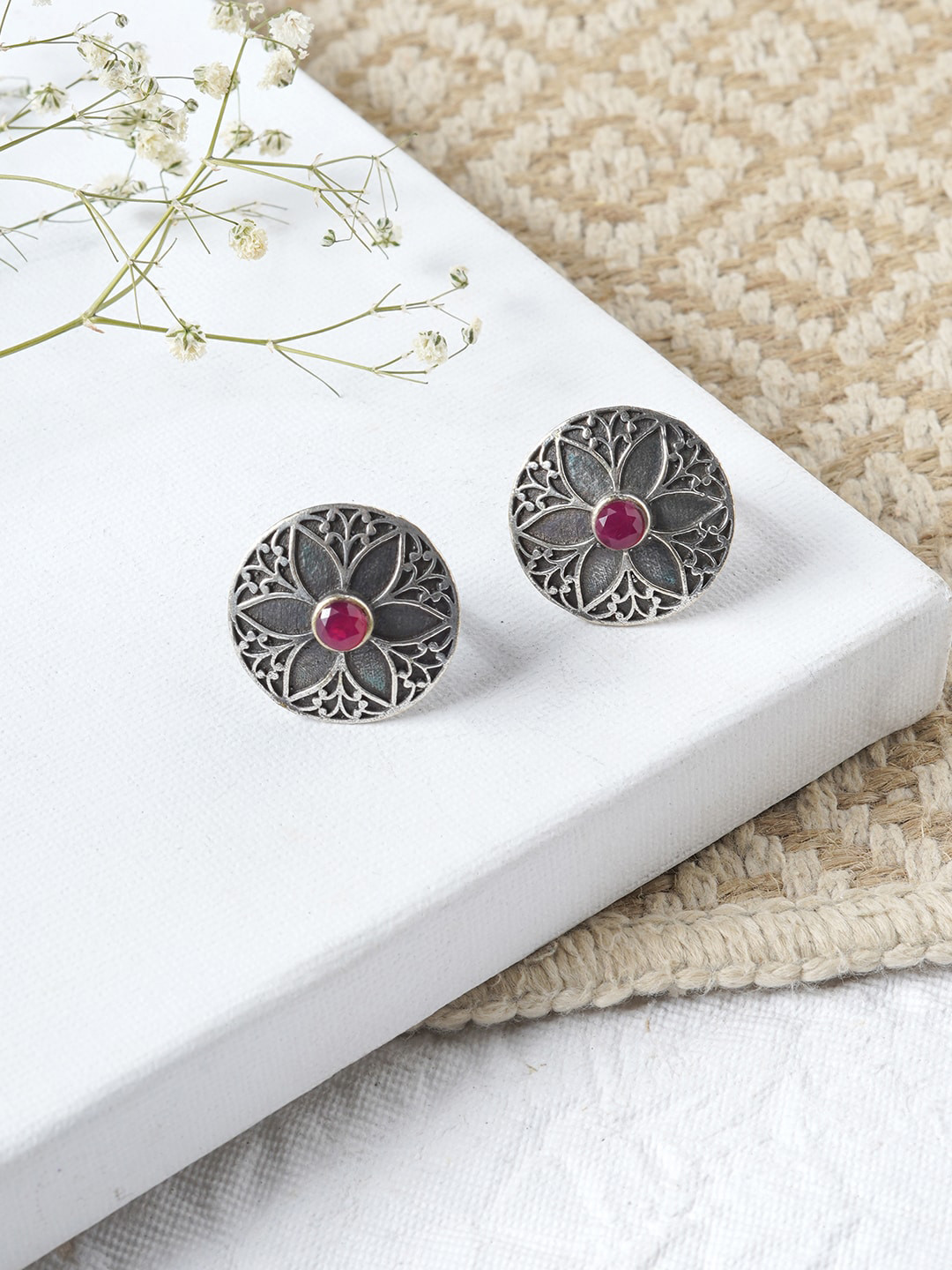 TEEJH Oxidised Silver-Plated Red Stone Studded Adjustable Toe Rings
