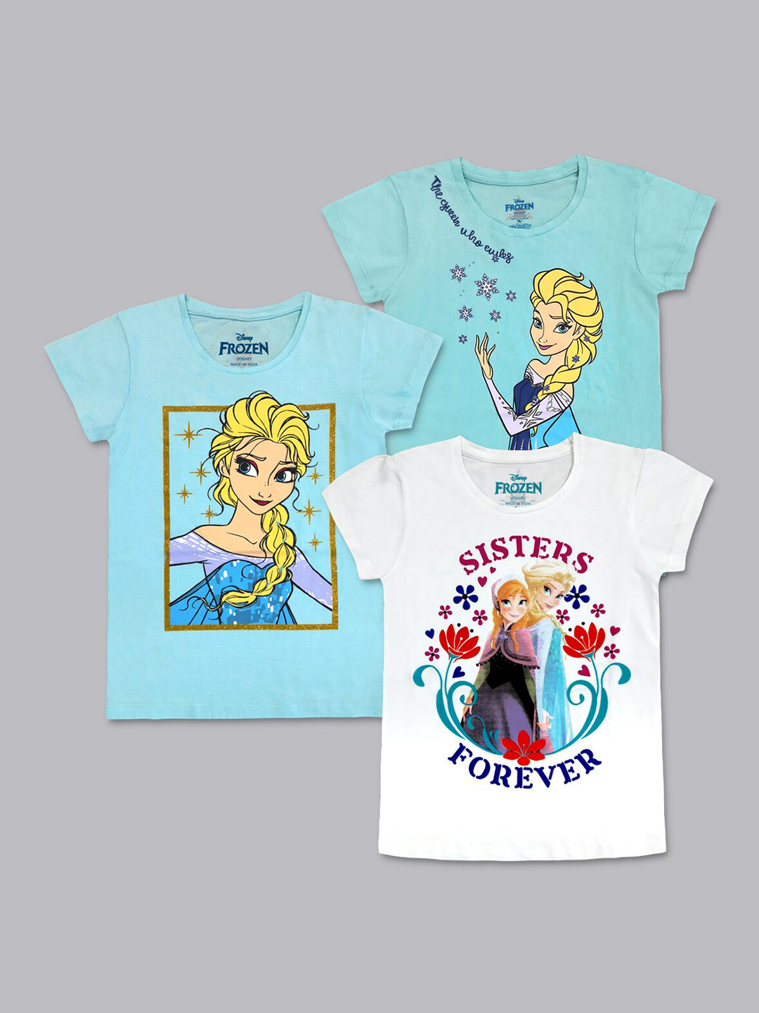 Kids Ville Girls Pack Of 3 Frozen Graphic Printed Cotton T-shirts