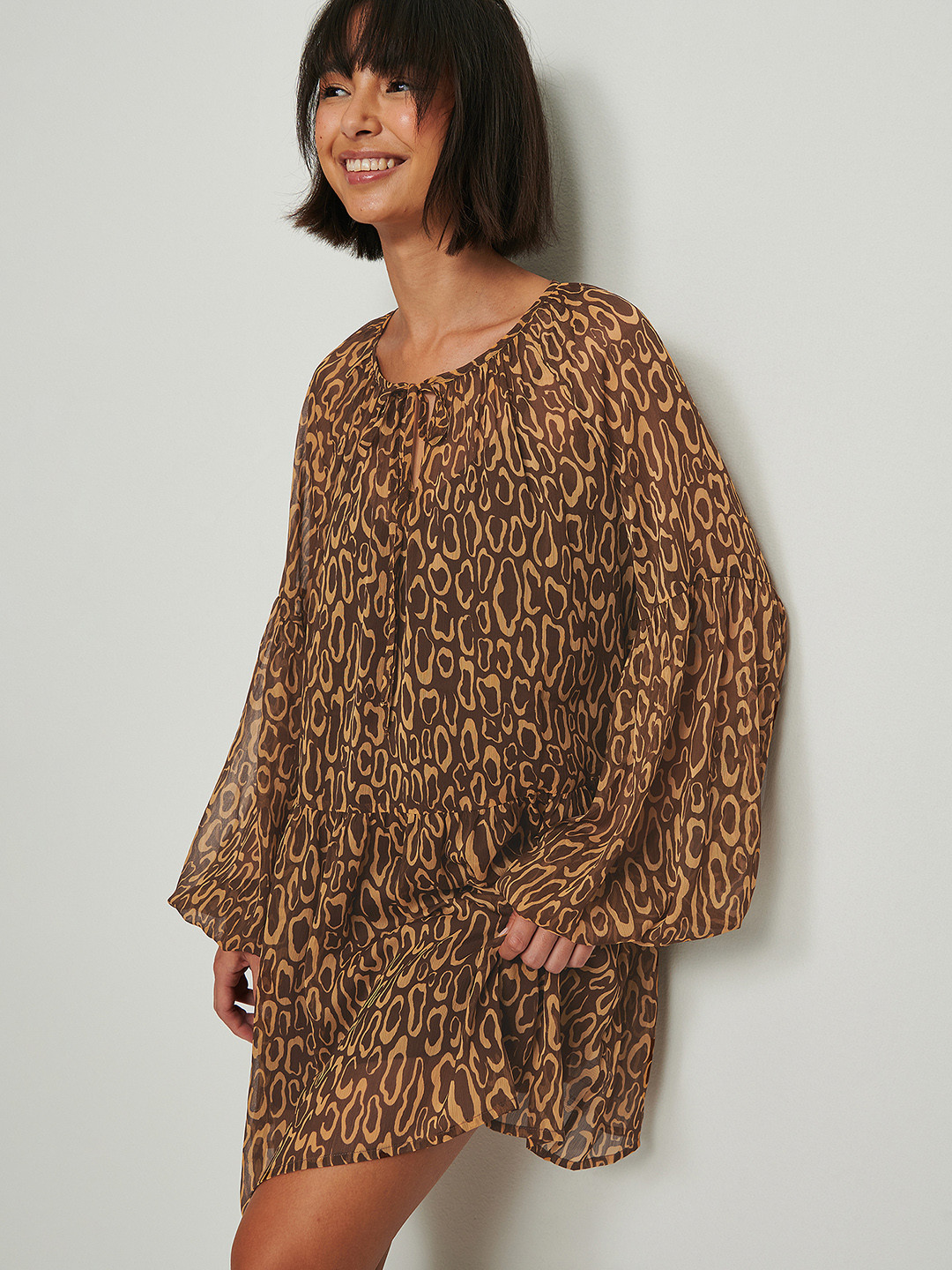 NA-KD Brown & Beige Leopard Tie-Up Neck A-Line Mini Dress