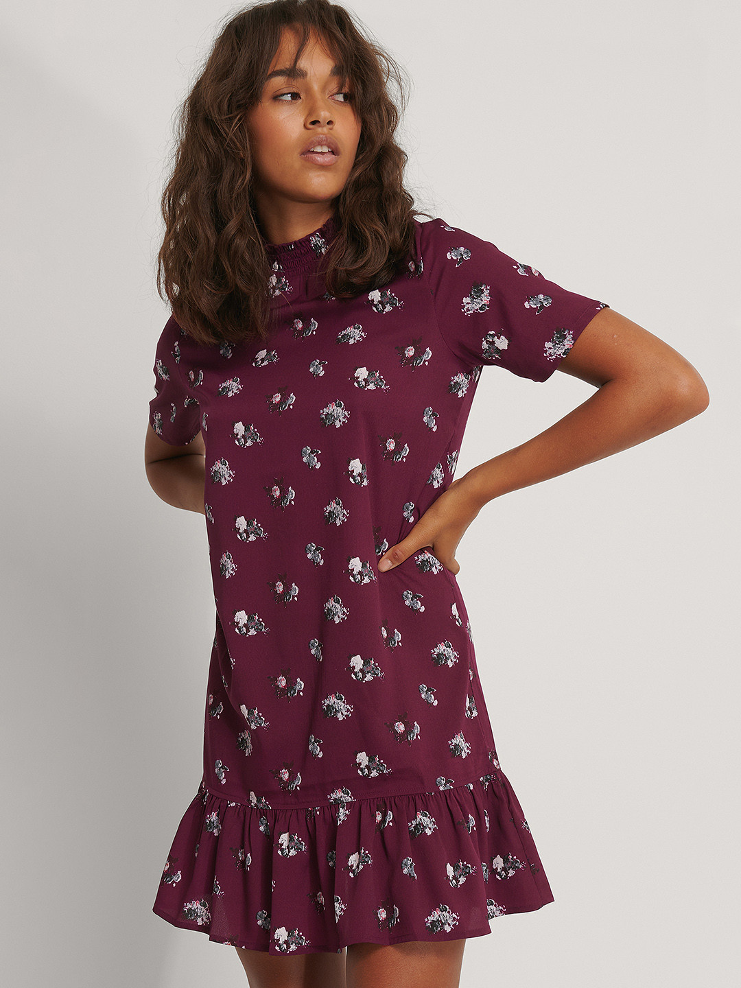 NA-KD Burgundy & White Floral A-Line Dress