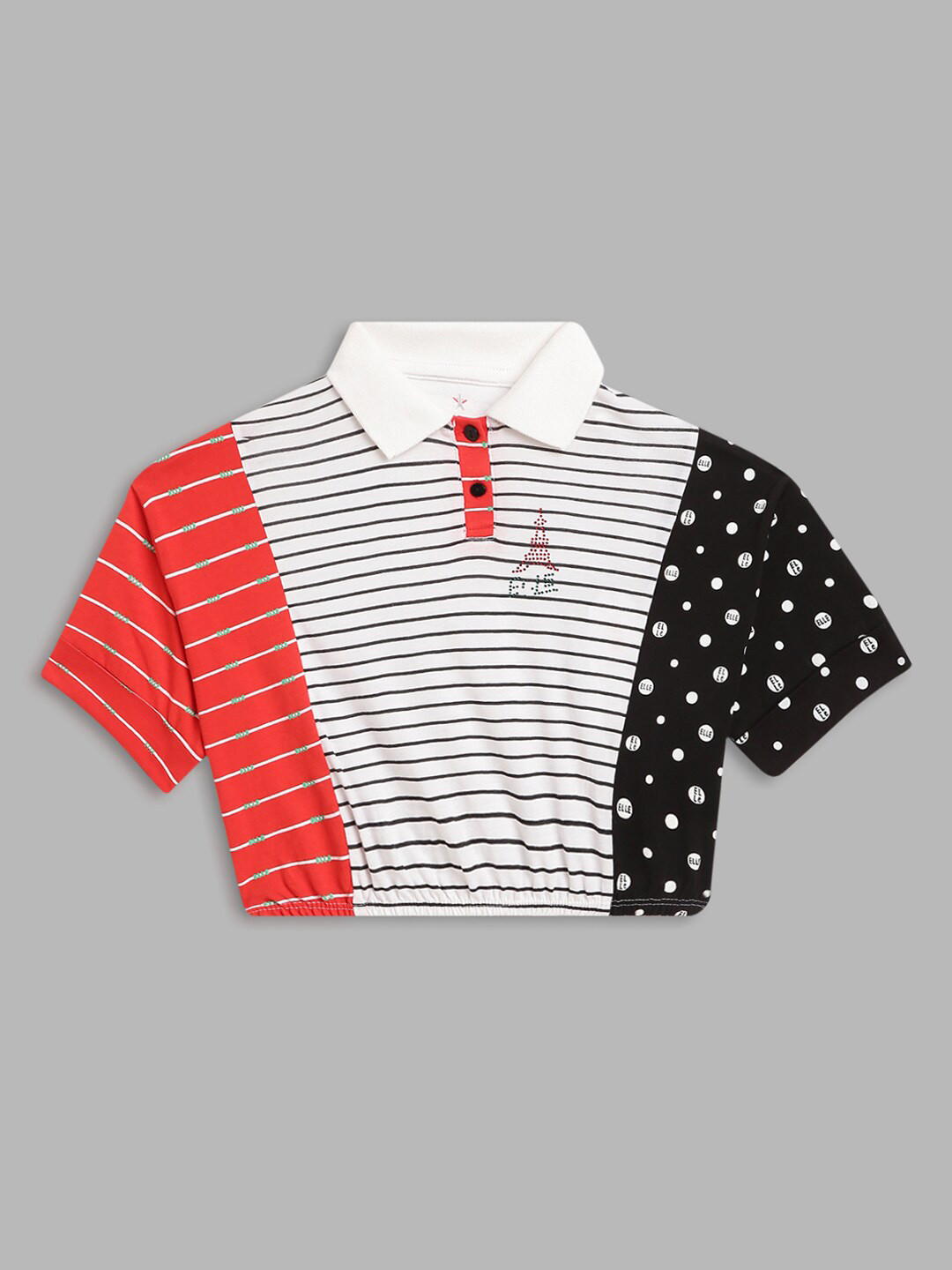 ELLE Girls Multicoloured Striped Henley Neck Applique T-shirt