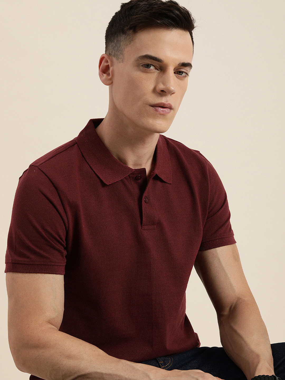 encore by INVICTUS Men Burgundy Solid Polo Collar T-shirt
