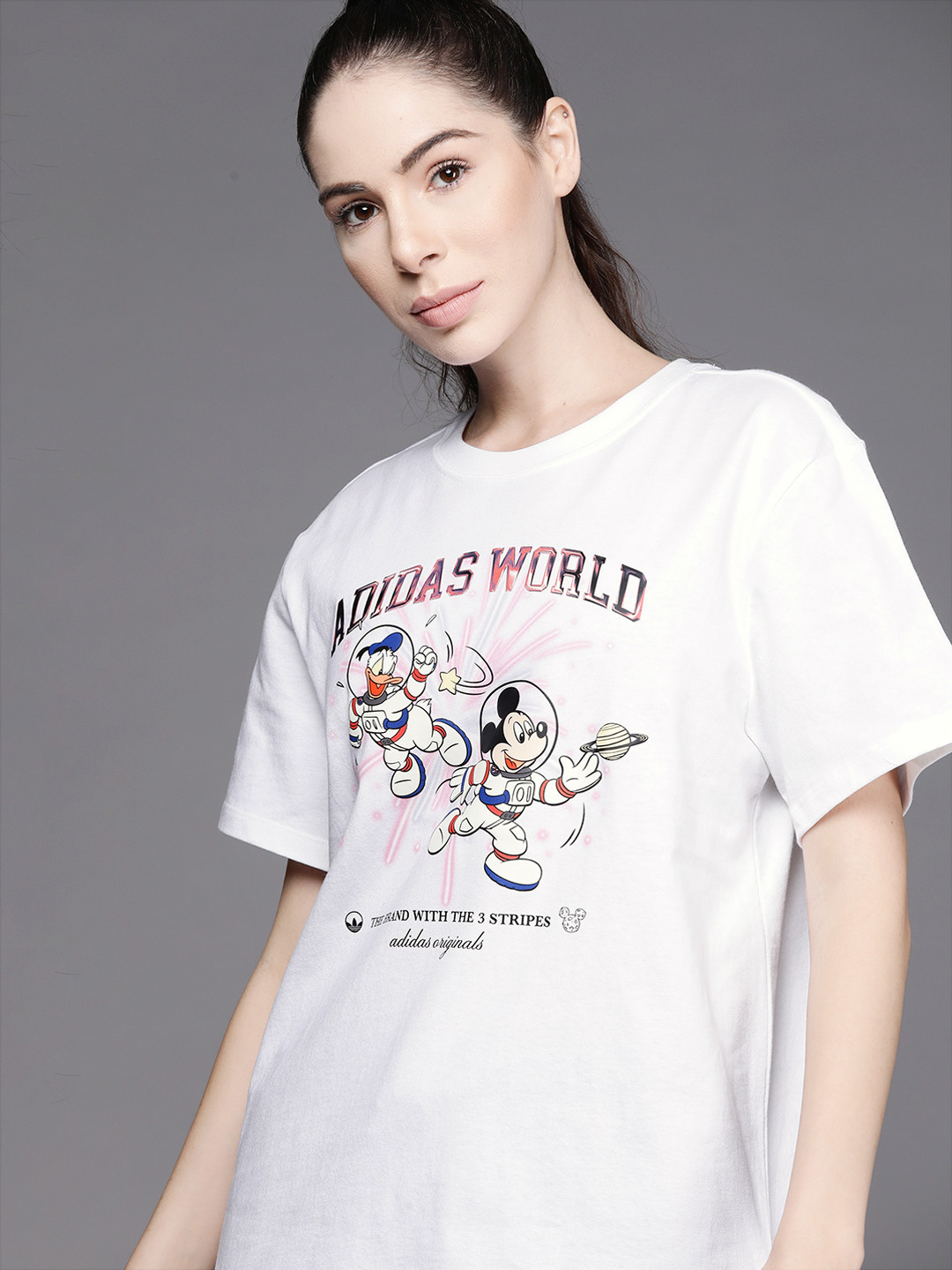 ADIDAS Originals Women White & Red Pure Cotton Disney Graphic Printed T-shirt