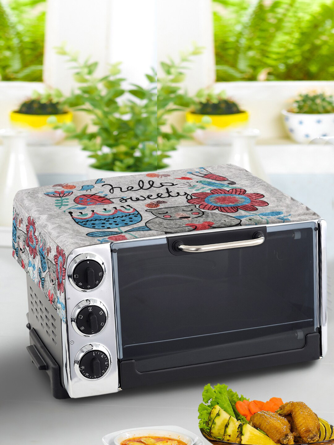 AAZEEM Grey & Red Printed Microwave Oven Top Cover