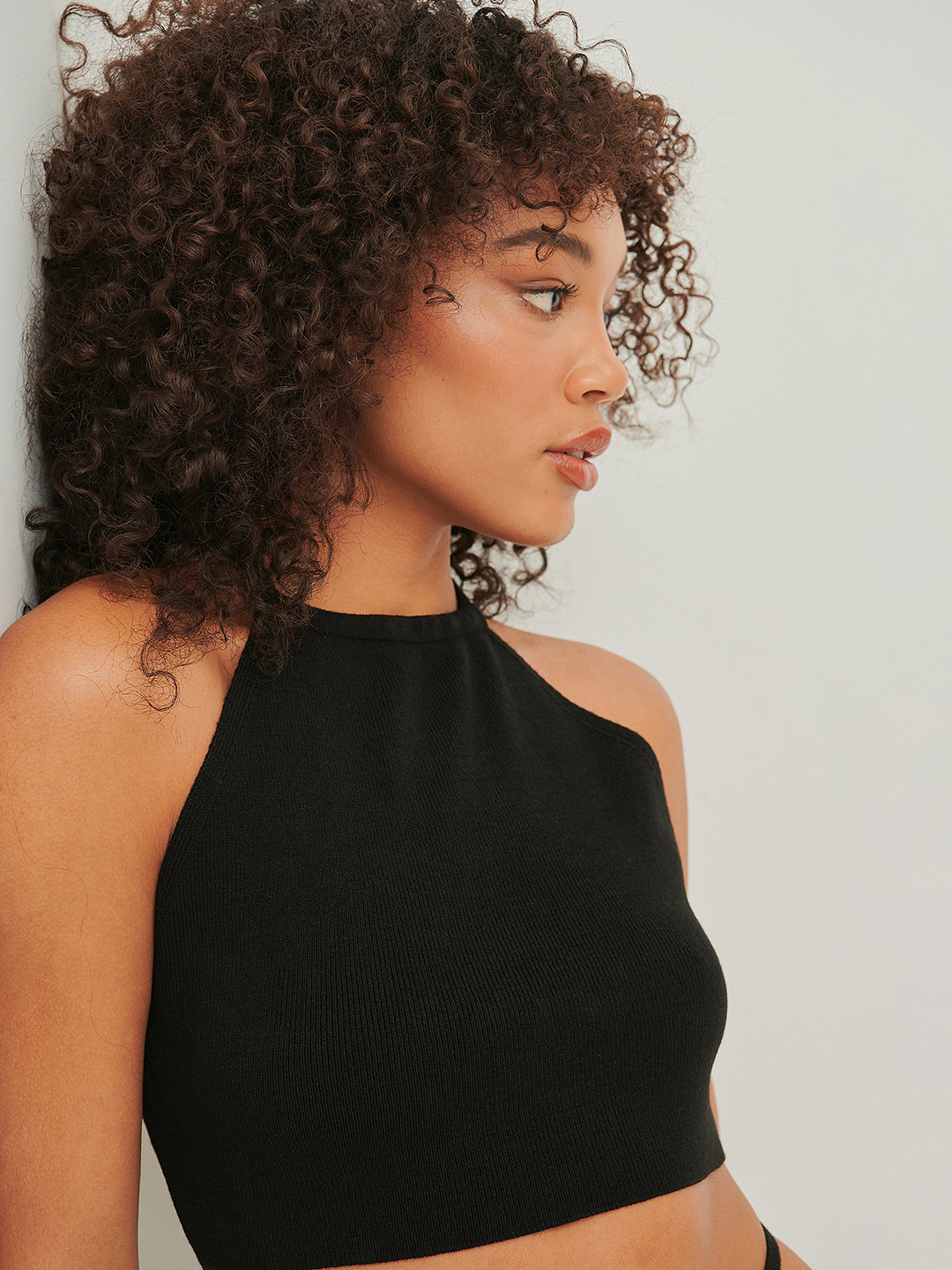 NA-KD Black Self Striped Halter Neck Crop Fitted Top with Waist Tie-Ups