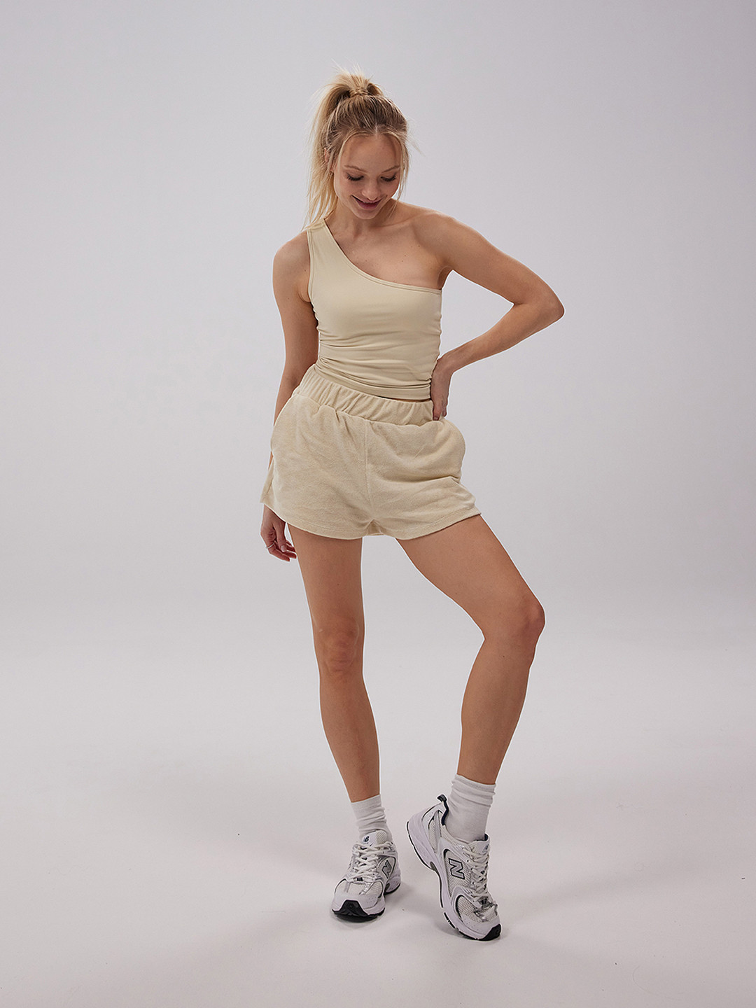 NA-KD Beige Solid One Shoulder Top