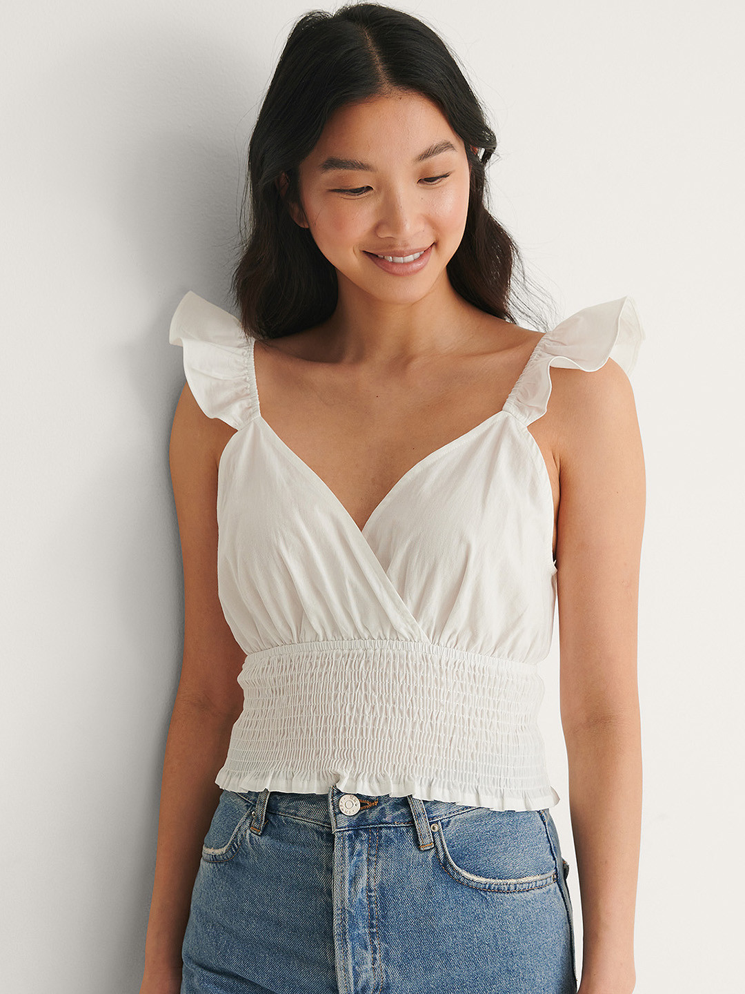 NA-KD Women White Pure Cotton Solid Wrap Smocked Top