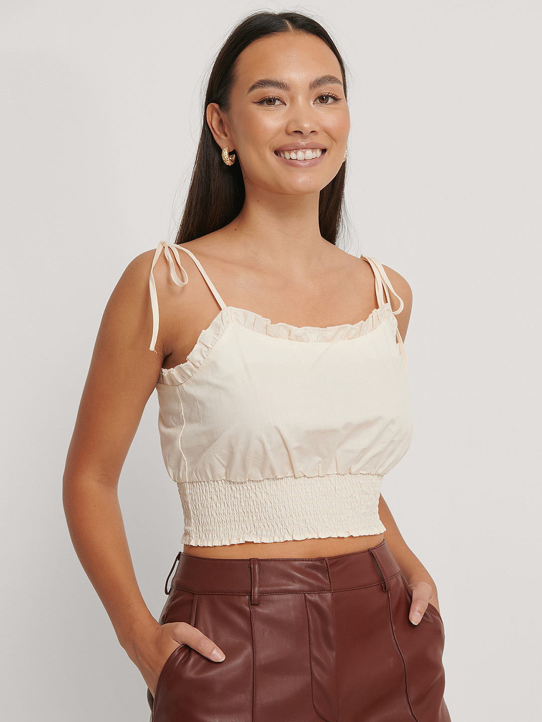 NA-KD Off White Smocked Crop Top