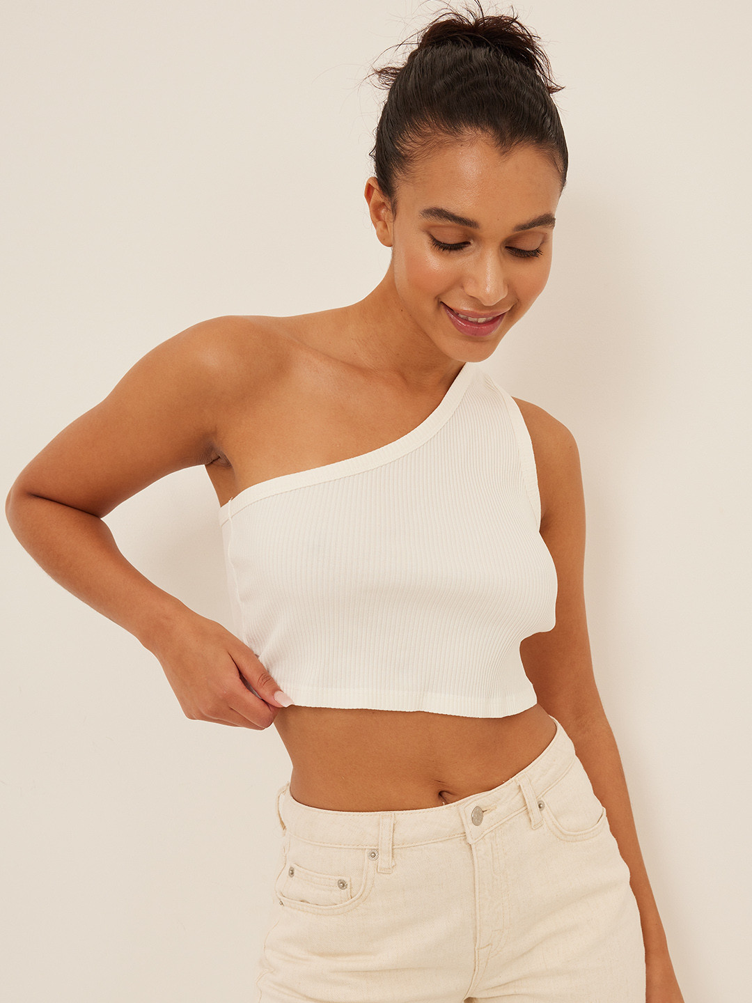 NA-KD Women Off White One Shoulder Bralette Crop Top