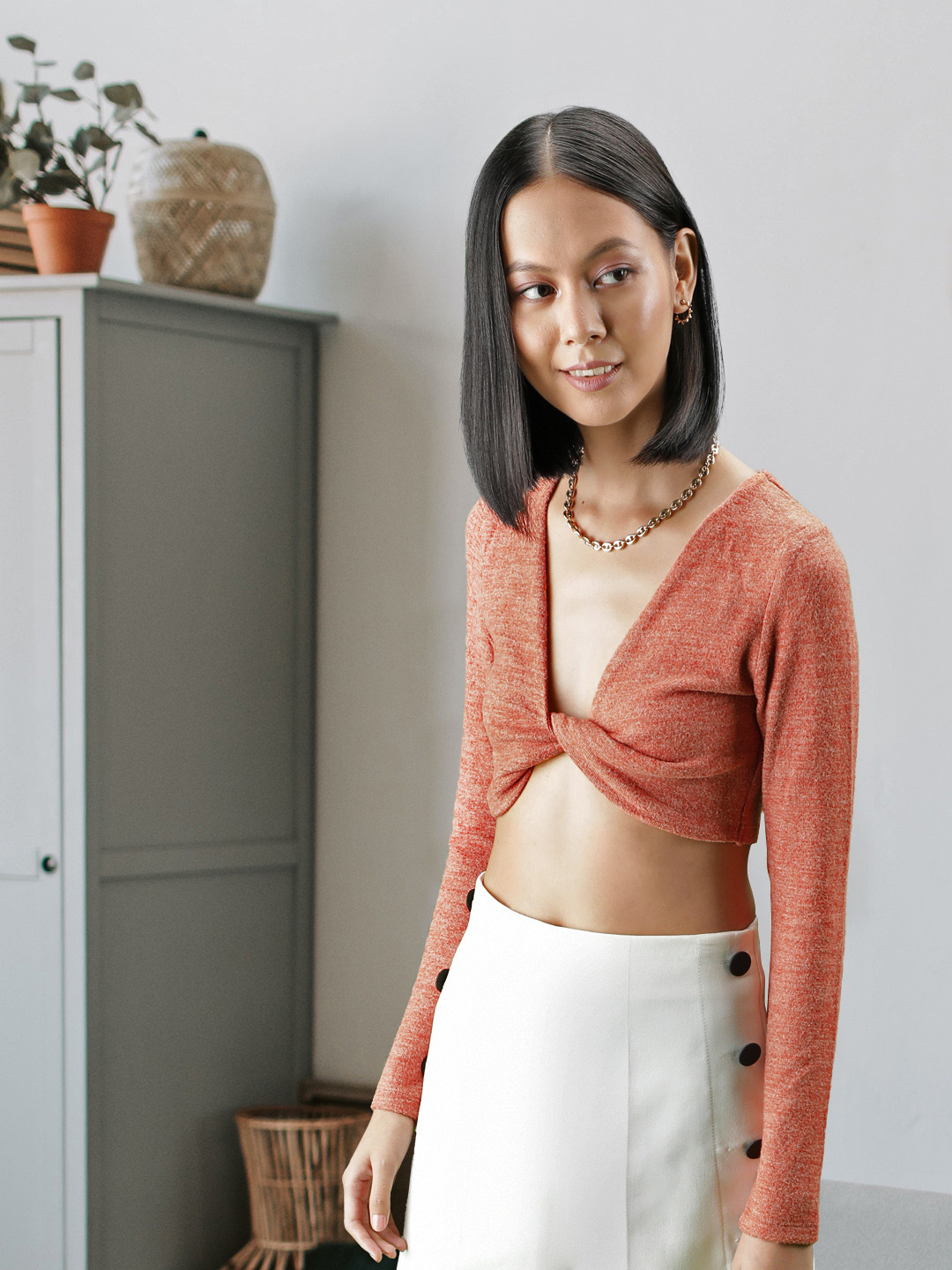 NA-KD Women Rust Orange Solid Twisted Crop Top