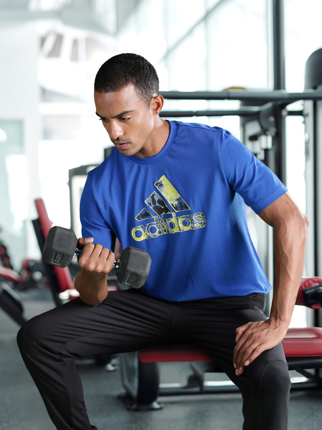 ADIDAS Men Blue & Yellow Brand Logo Printed T-shirt