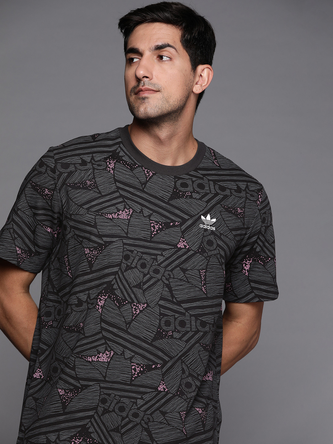 ADIDAS Originals Men Black & Grey REKIVE TREFOIL ALLOVER PRINT TEE