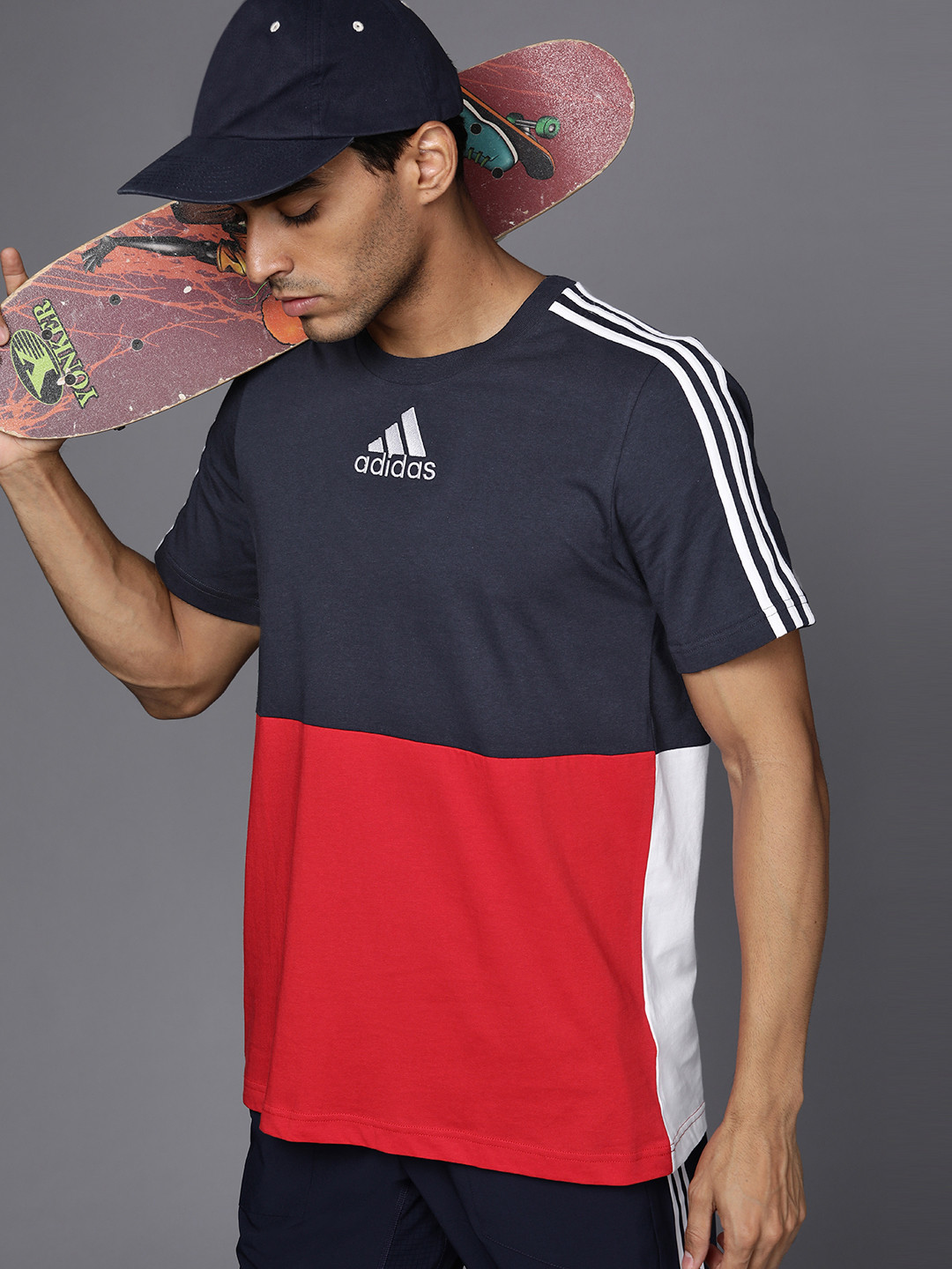ADIDAS Men Navy Blue & Red Colourblocked Pure Cotton T-shirt