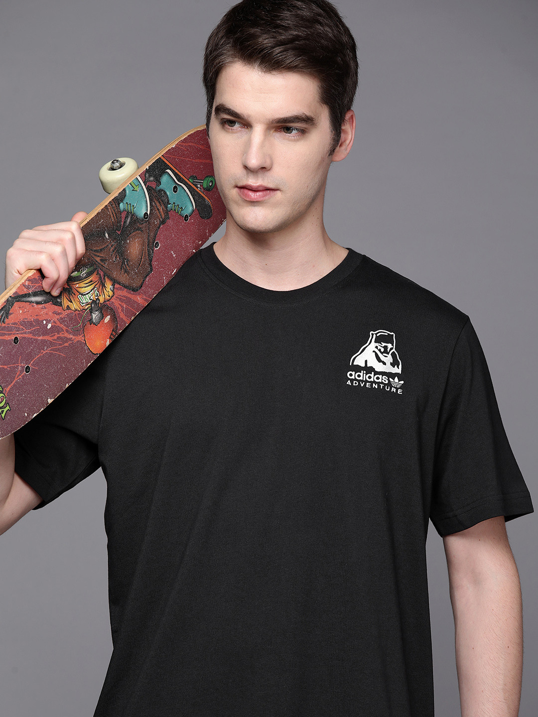 ADIDAS Originals Men Black Pure Cotton Applique Adventure Winter T-shirt