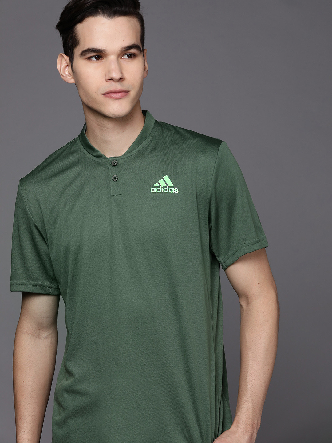 ADIDAS Men Green Club Henley Brand Logo Printed Tennis T-shirt