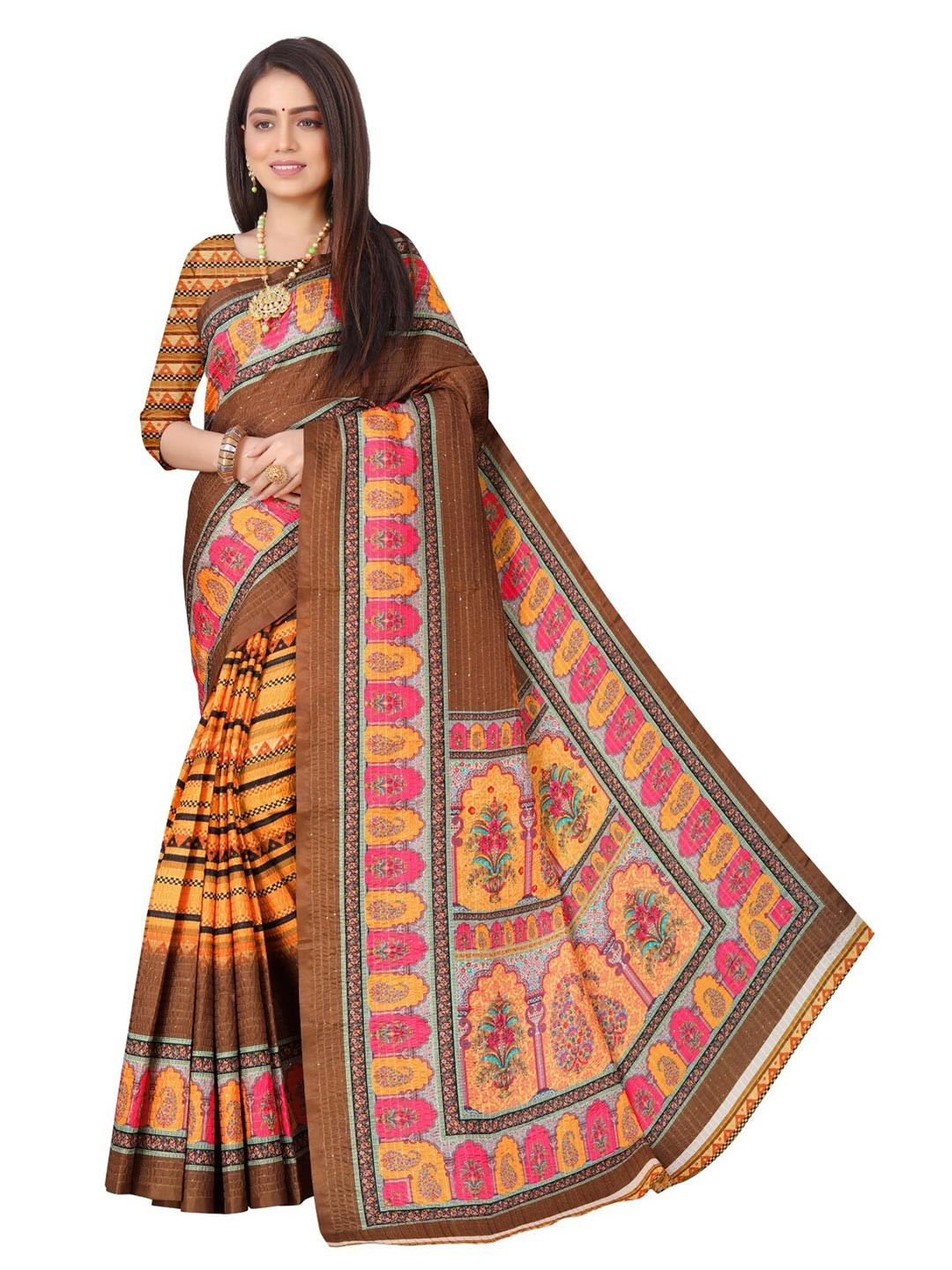 ROOTS4 CREATION Yellow & Orange Paisley Silk Blend Saree