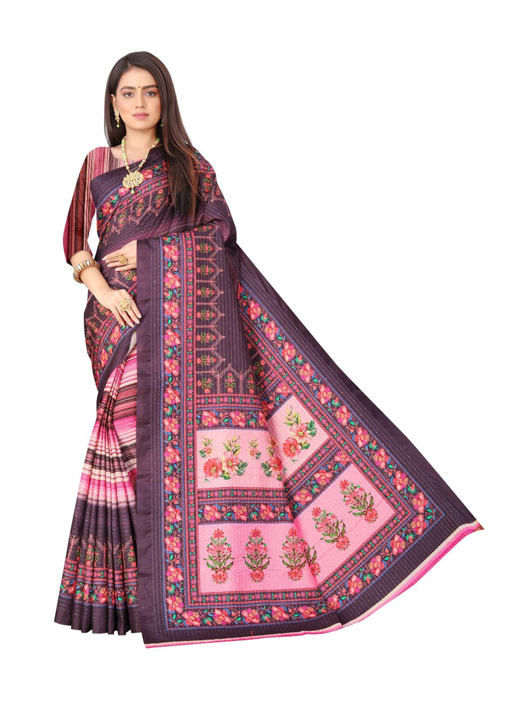 ROOTS4 CREATION Purple & Pink Ethnic Motifs Silk Blend Saree