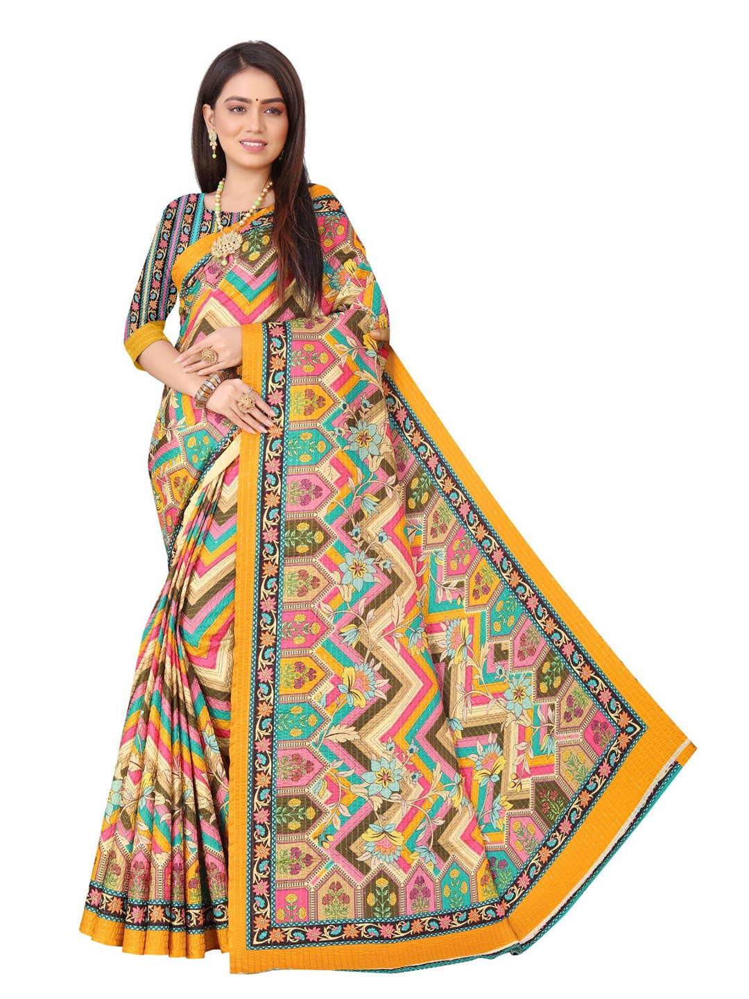 ROOTS4 CREATION Yellow & Beige Silk Blend Saree