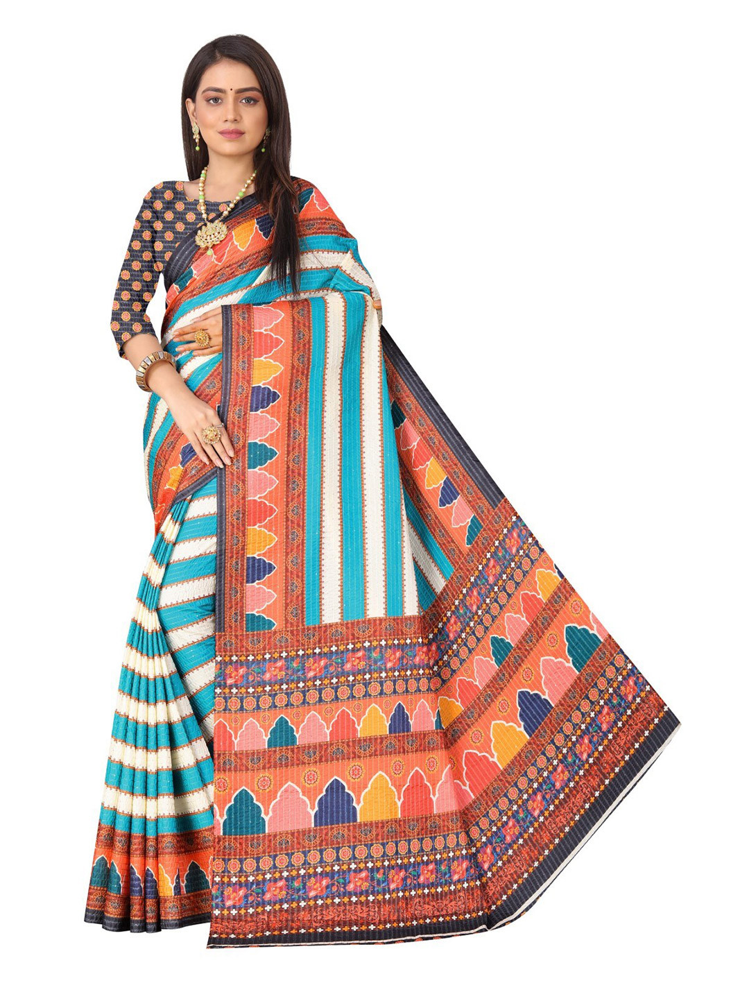 ROOTS4 CREATION Blue & White Silk Blend Saree