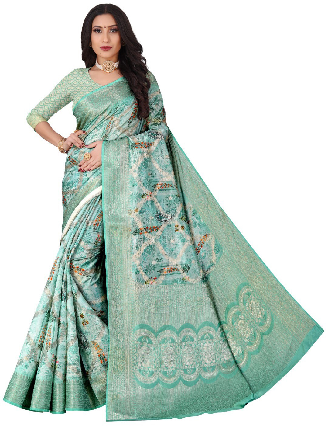 ROOTS4 CREATION Turquoise Blue & Gold-Toned Woven Design Zari Organza Saree