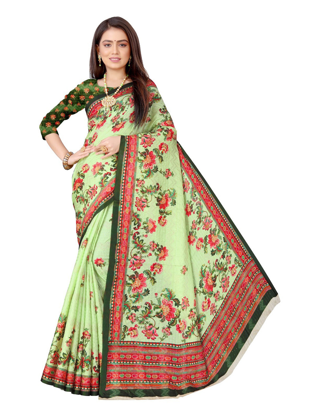 ROOTS4 CREATION Green & Red Floral Silk Blend Saree