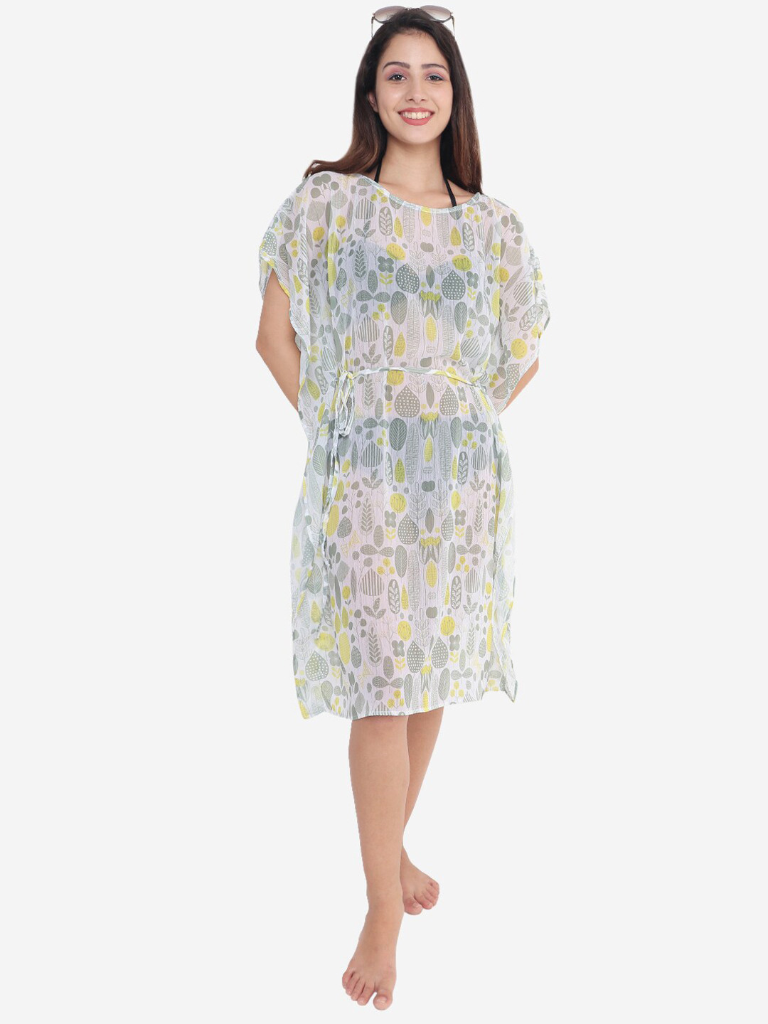 Beau Design Women Olive-Green Printed Cover-Up Kaftan Dress