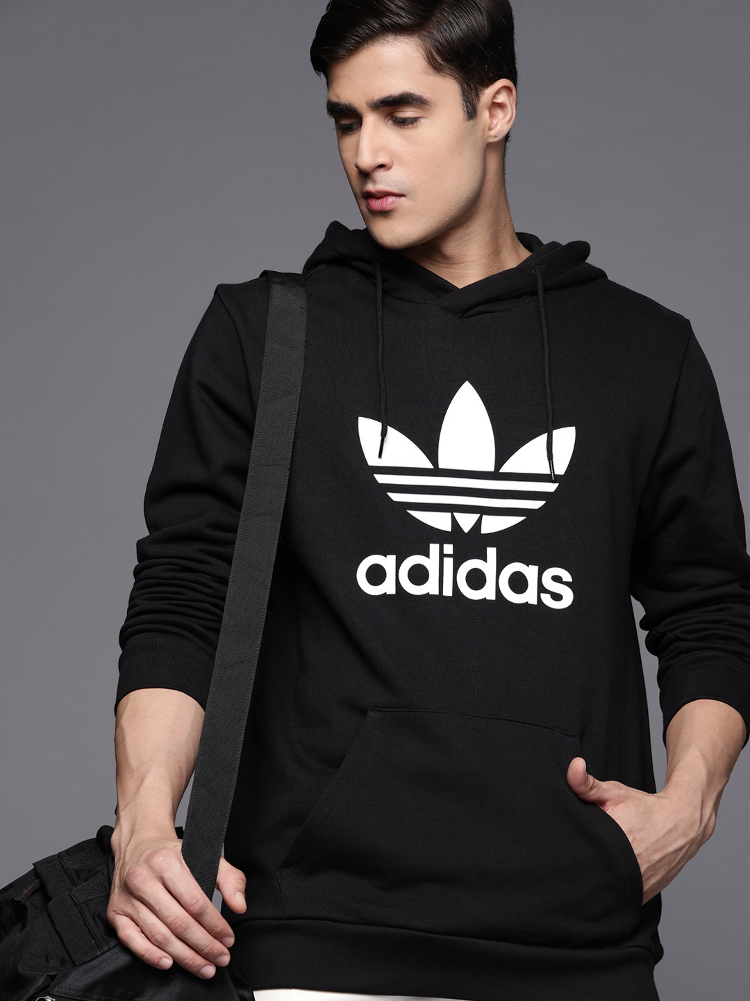ADIDAS Originals Men Black Trefoil Hoody Printed Pure Cotton Sweatshirt